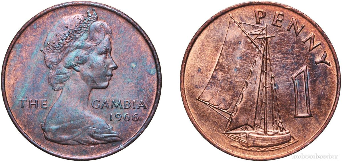 Monedas antiguas de Europa: The Gambia Republic 1966 1 Penny - Elizabeth II (2nd portrait) Bronze (97% Copper, 0.5% Tin, 2.5% Z