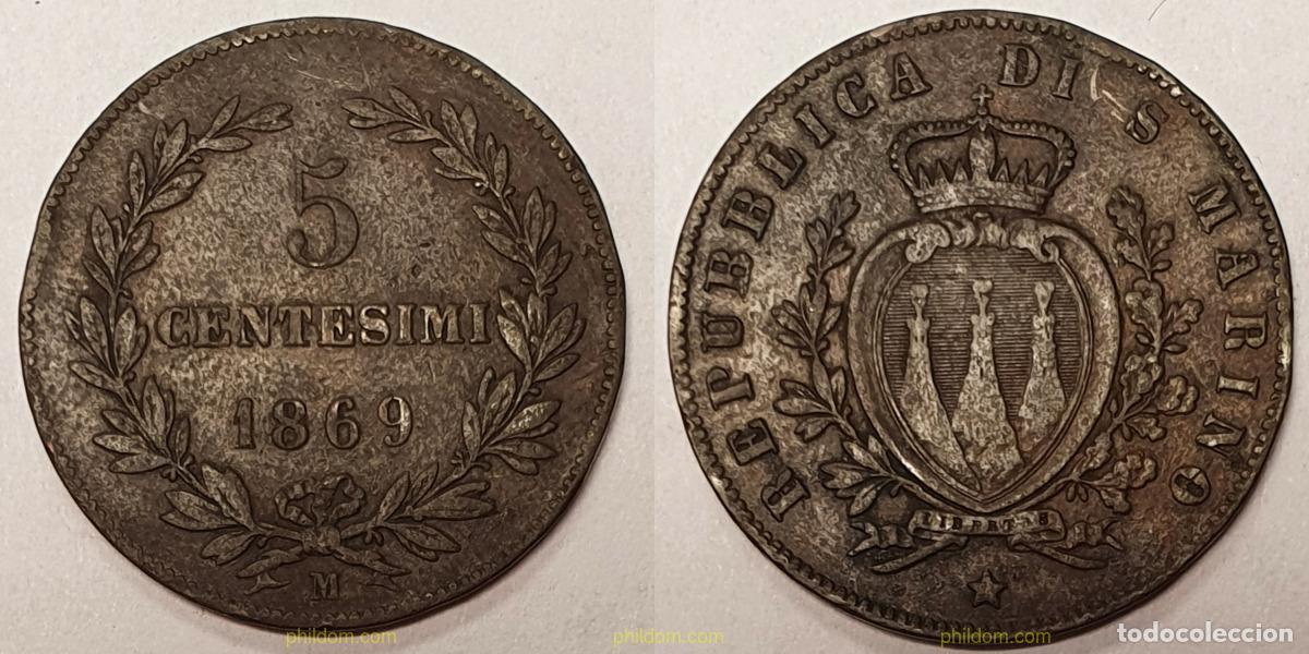 Monedas antiguas de Europa: 948 SAN MARINO 1869 SAN MARINO 1869 COPPER 5 CENTESIMI