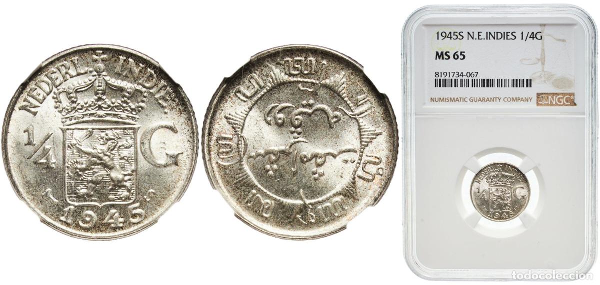 Monedas antiguas de Europa: Netherlands East Indies 1945 S &frac14; Gulden - Wilhelmina (large type, narrow rims) Silver (.720) (Coppe