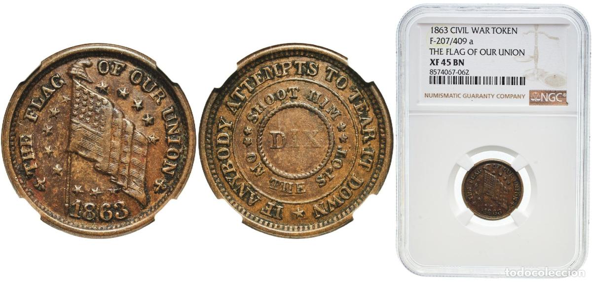 Monedas antiguas de Europa: United States 1863 Civil War Token - Flag of Our Union / Dix Copper 2.9g NGC XF 45 Fuld 203-218/40