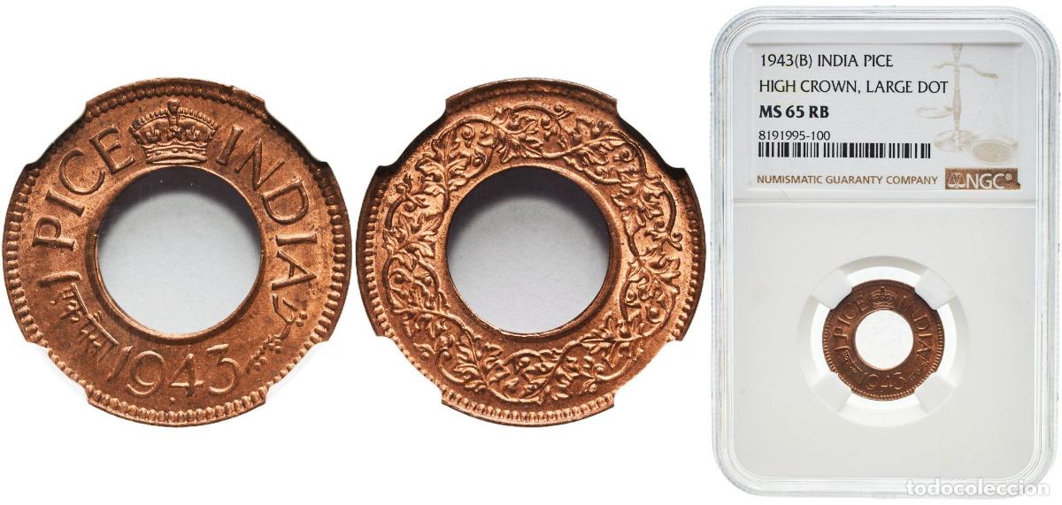 Monedas antiguas de Europa: India colony 1943 (B) 1 Pice Bronze Bombay Mint 2g NGC MS 65 KM 533 Sch&ouml;n 32