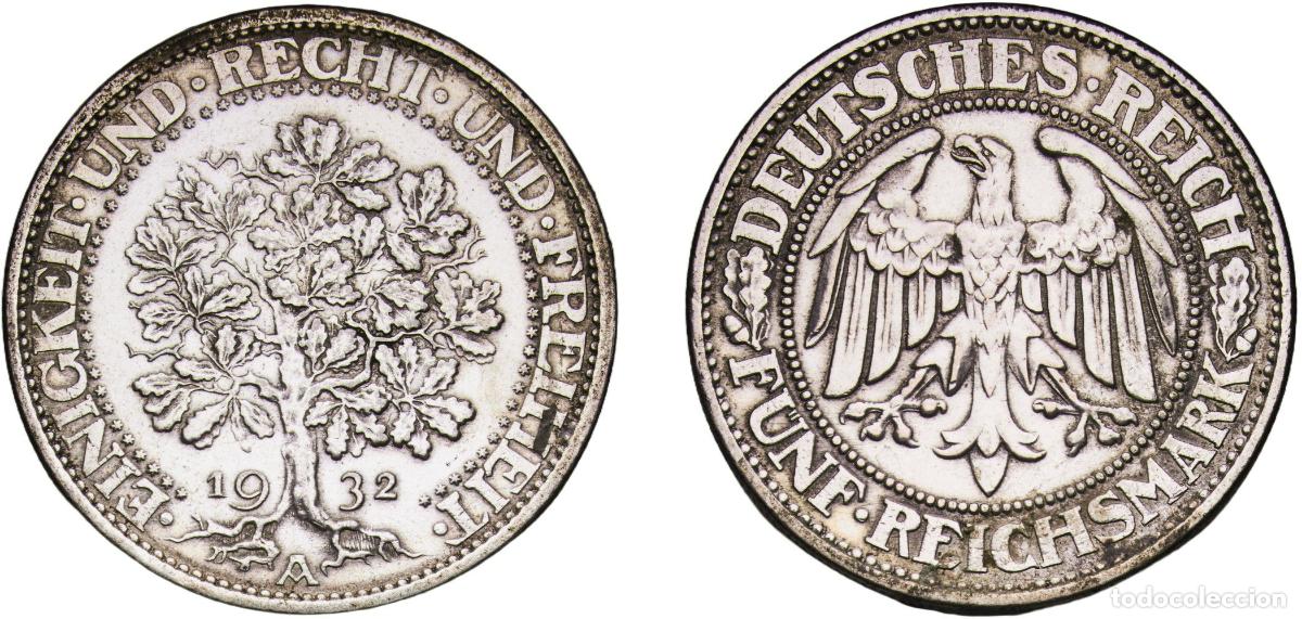 Monedas antiguas de Europa: Germany Weimar Republic 1932 A 5 Reichsmark Silver (.500) Berlin Mint (32303000) 25g XF KM 56 J 33