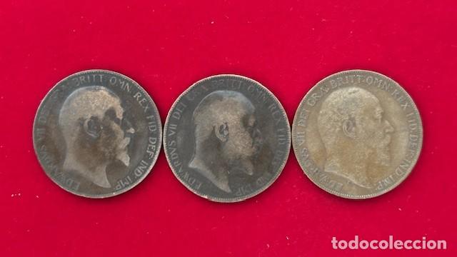 Monedas antiguas de Europa: 3 monedas de penique, Eduardo VII, 1905, 1907 y 1908