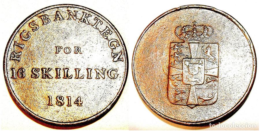 Monedas antiguas de Europa: DINAMARCA - 16 SKILLING - 1814 - XF40 - C0BRE - ESCASA