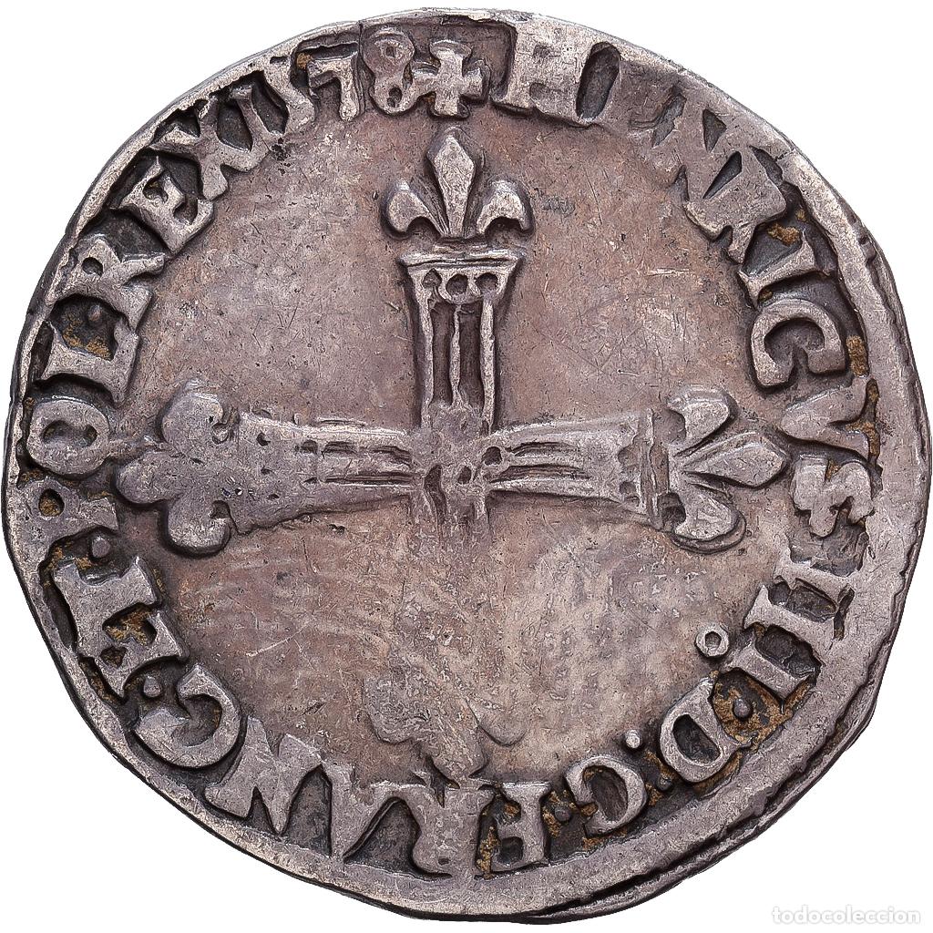 Monedas antiguas de Europa: [#1202798] Francia, Henri III, 1/4 Ecu, 1578, Rennes, Plata, BC+, Gadoury:494