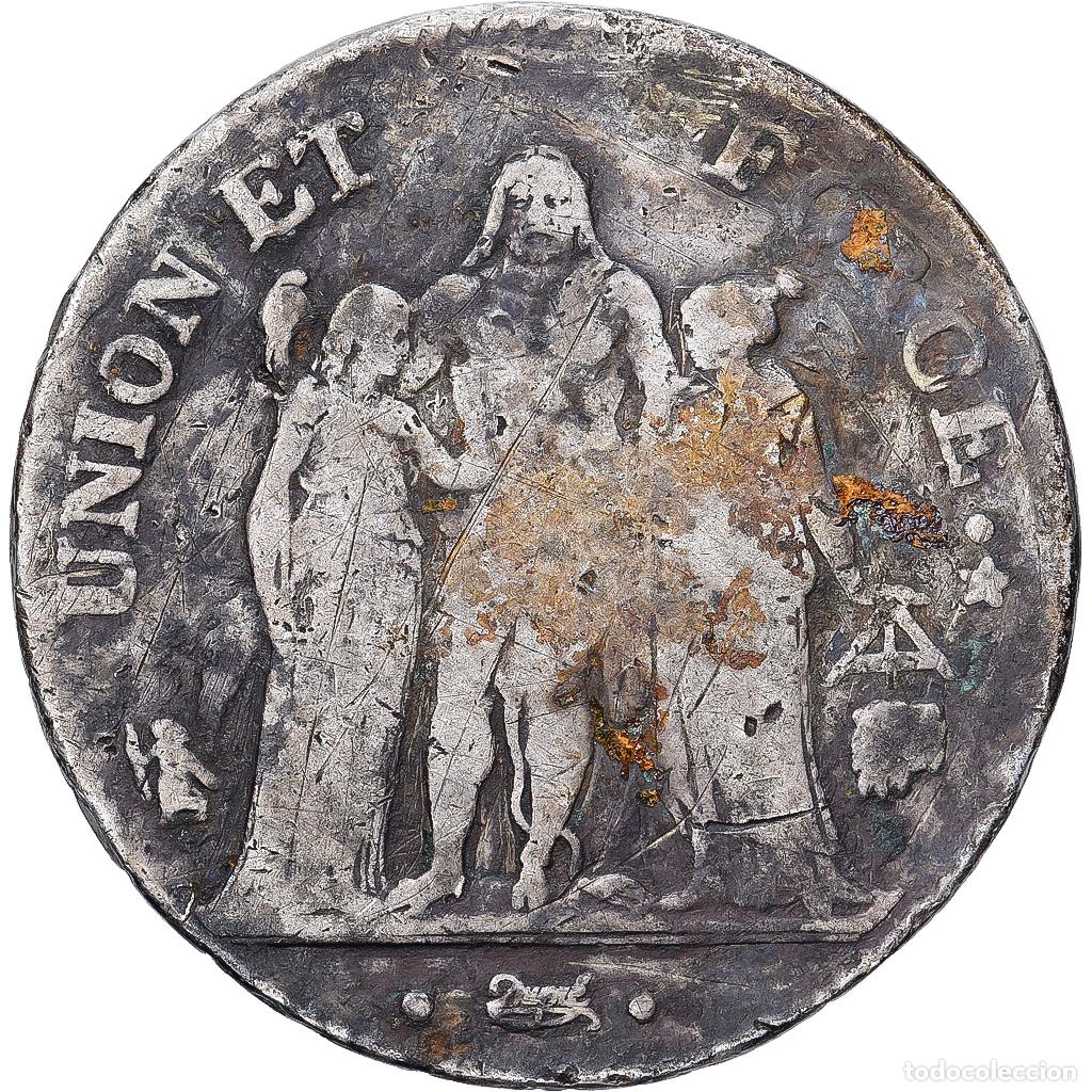 Monedas antiguas de Europa: [#1530000] Francia, 5 Francs, Union et Force, AN 8, Bayonne, Plata, BC, Gadoury:563a