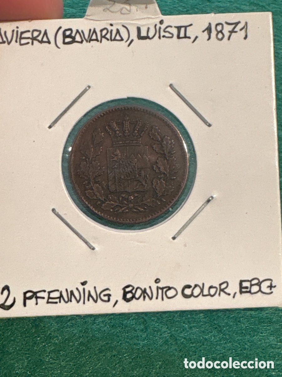 Monedas antiguas de Europa: Moneda Luis II 1871, Baviera, 2 Pfenning (A6)