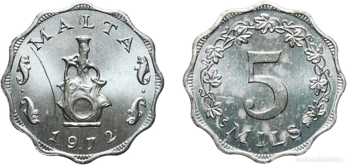 Monedas antiguas de Europa: Malta Constitutional Monarchy 1972 5 Mils Aluminium (96.9-96.1% Aluminium, 3.9-3.1% Magnesium) Roya