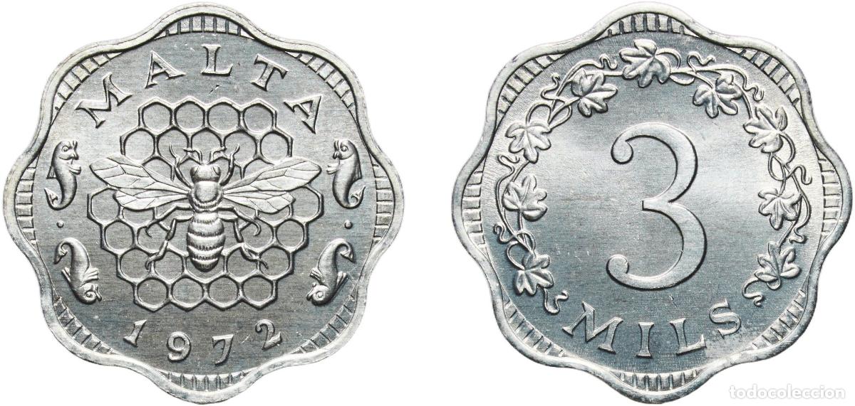Monedas antiguas de Europa: Malta Constitutional Monarchy 1972 3 Mils Aluminium (96.1-96.9% Aluminium, 3.1-3.9% Magnesium) Roya