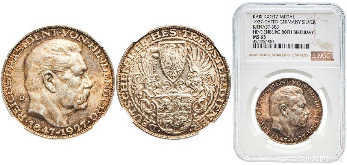 Monedas antiguas de Europa: Germany Weimar Republic 1927 D Medal Karl Goetz - Paul von Hindenburg Wonderful patina Silver (.90