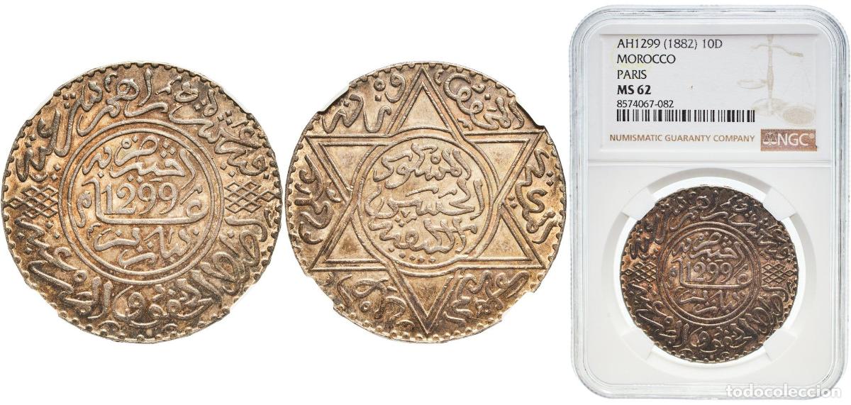 Monedas antiguas de Europa: Morocco Kingdom AH1299 (1882) 10 Dirhams - Moulay al-Hasan I Wonderful patina Silver (.900) Paris M