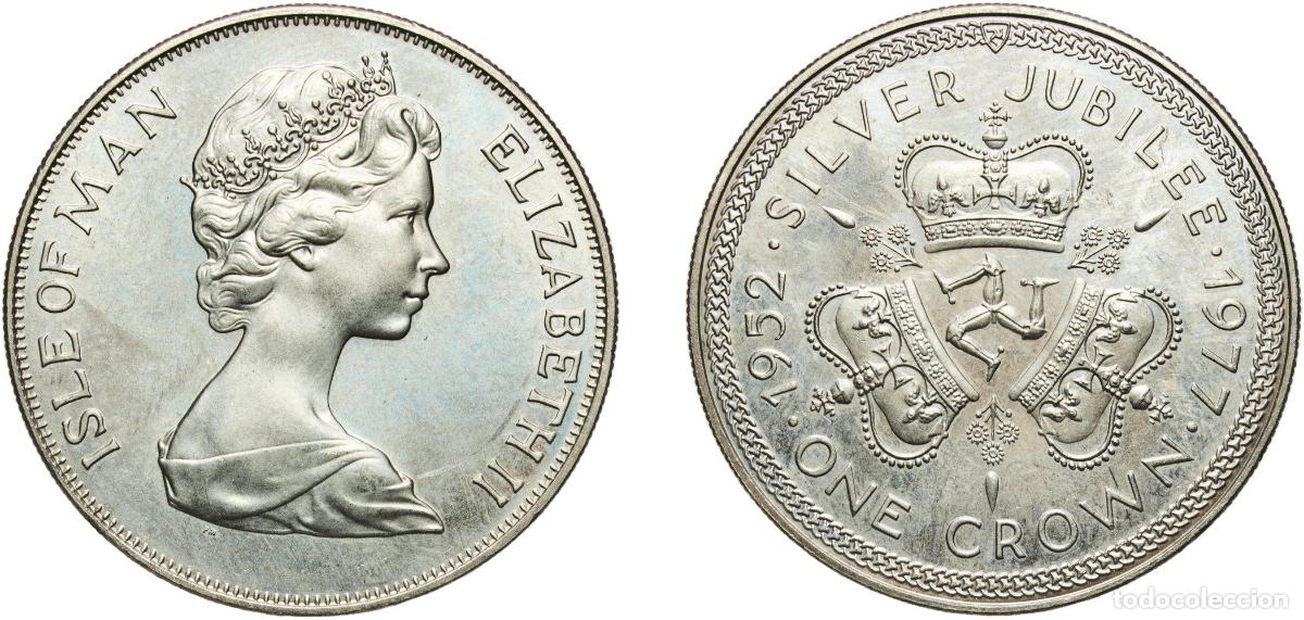 Monedas antiguas de Europa: Isle of Man British dependency 1977 PM 1 Crown - Elizabeth II (Silver Jubilee) Copper-nickel Pobjoy