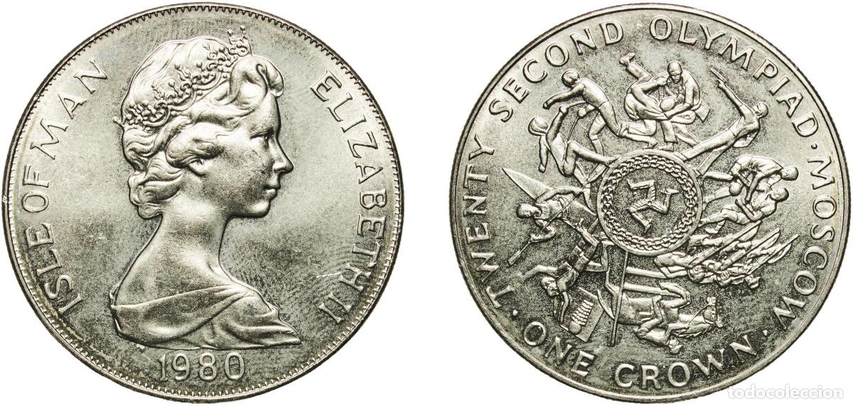 Monedas antiguas de Europa: Isle of Man British dependency 1980 PM 1 Crown - Elizabeth II (Moscow Olympics) Copper-nickel Pobjo