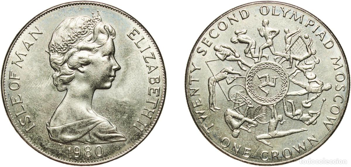 Monedas antiguas de Europa: Isle of Man British dependency 1980 PM 1 Crown - Elizabeth II (Olympics) Copper-nickel Pobjoy Mint