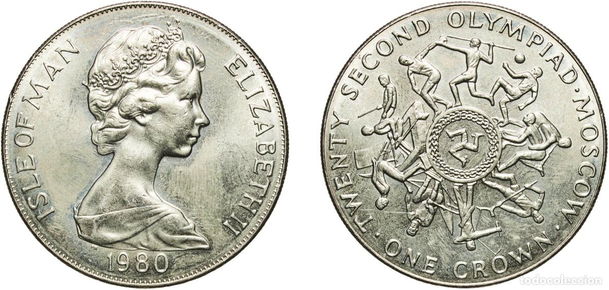 Monedas antiguas de Europa: Isle of Man British dependency 1980 PM 1 Crown - Elizabeth II (Olympics) Copper-nickel Pobjoy Mint