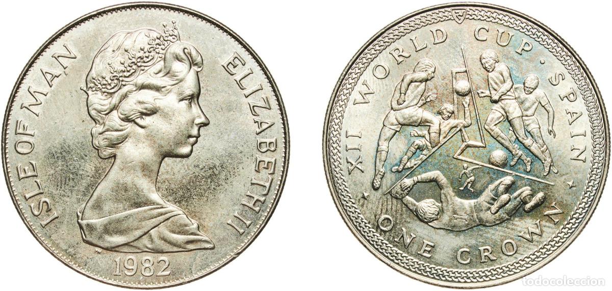 Monedas antiguas de Europa: Isle of Man British dependency 1982 PM 1 Crown - Elizabeth II (World Cup) Copper-nickel Pobjoy Mint