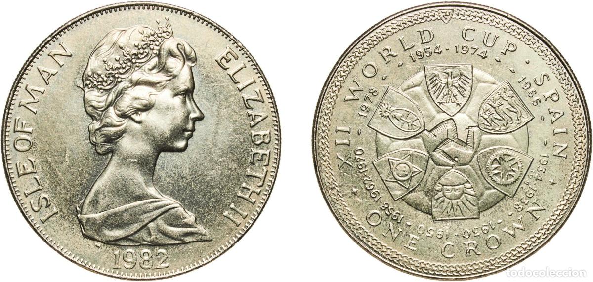 Monedas antiguas de Europa: Isle of Man British dependency 1982 PM 1 Crown - Elizabeth II (World Cup) Copper-nickel Pobjoy Mint