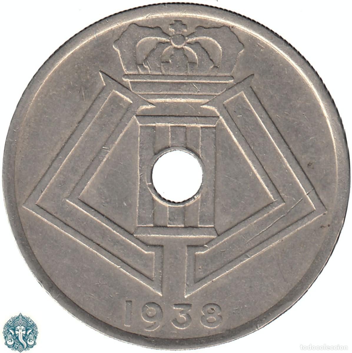 Monedas antiguas de Europa: B&Eacute;LGICA 25 C&eacute;ntimos 1938 Leopoldo III KM#115 Leyenda Belgie-Belgique &uarr;&darr;