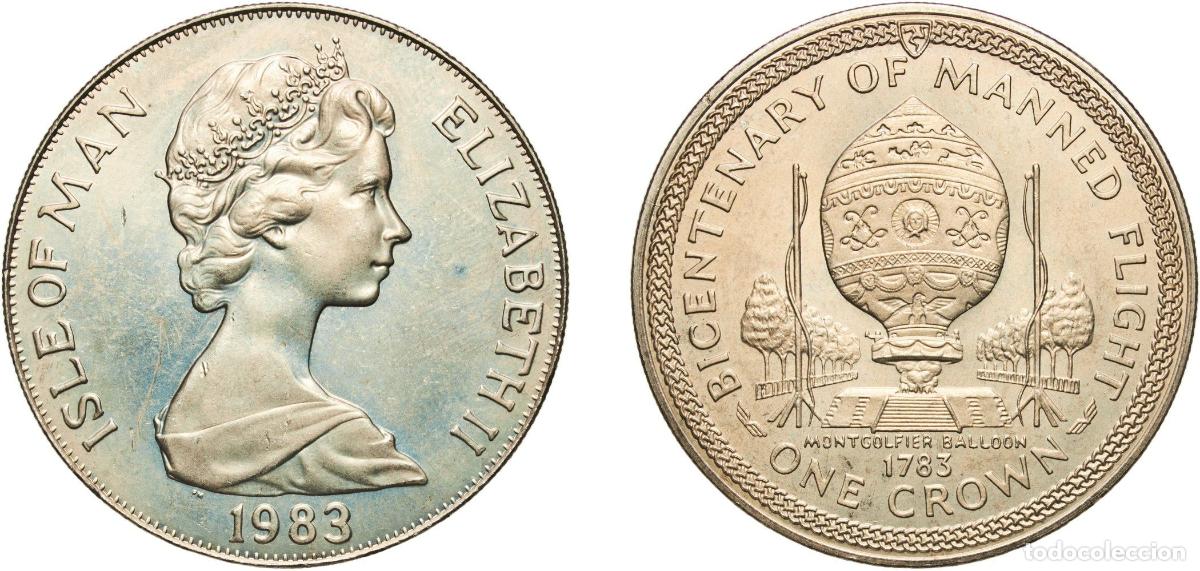 Monedas antiguas de Europa: Isle of Man British dependency 1983 PM 1 Crown - Elizabeth II (Montgolfier Balloon) Copper-nickel P