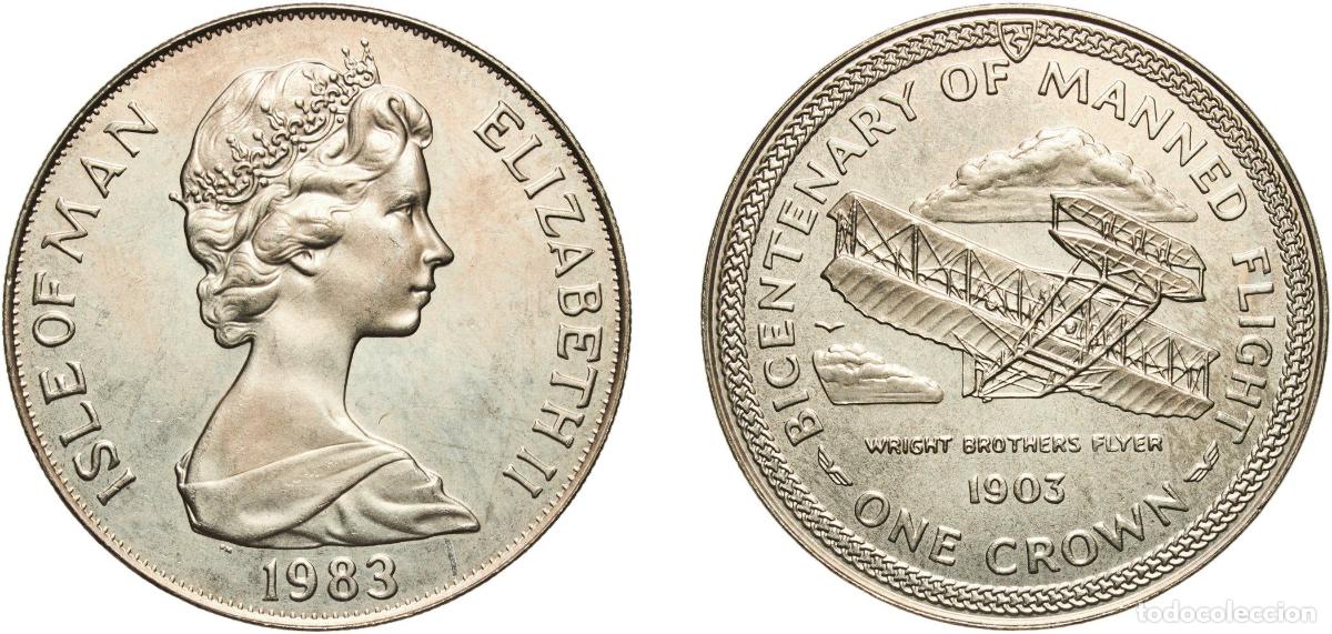 Monedas antiguas de Europa: Isle of Man British dependency 1983 PM 1 Crown - Elizabeth II (Wright Flyer) Copper-nickel Pobjoy M