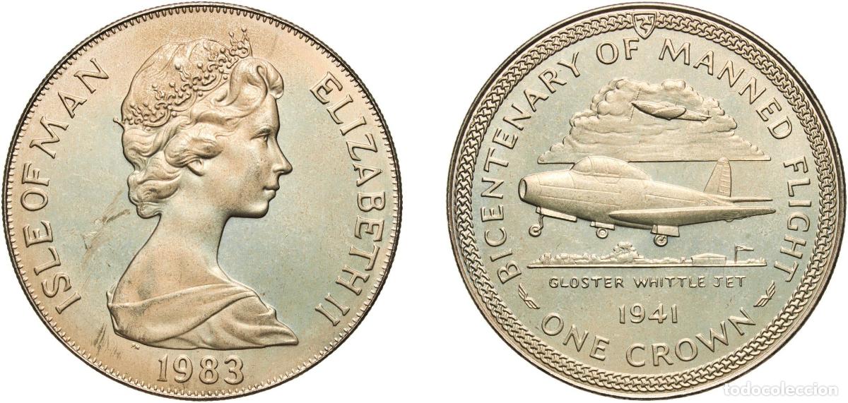 Monedas antiguas de Europa: Isle of Man British dependency 1983 PM 1 Crown - Elizabeth II (Gloster Whittle) Copper-nickel Pobjo