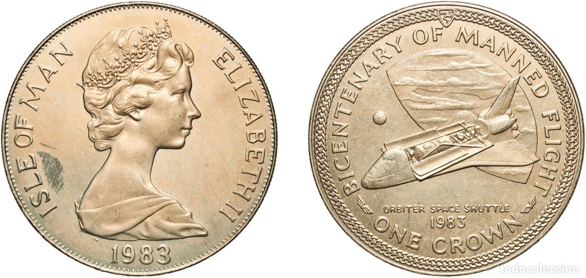 Monedas antiguas de Europa: Isle of Man British dependency 1983 PM 1 Crown - Elizabeth II (Orbiter Space Shuttle) Copper-nickel
