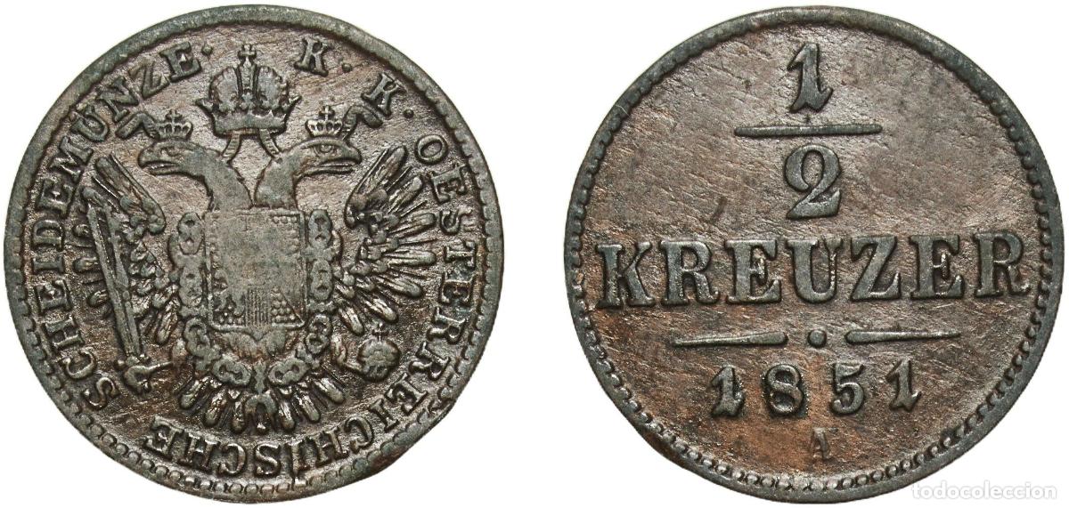 Monedas antiguas de Europa: Austria Empire 1851 A &frac12; Kreuzer - Franz Joseph I Copper Vienna Mint 2.57g XF Herinek 1740-1969 870