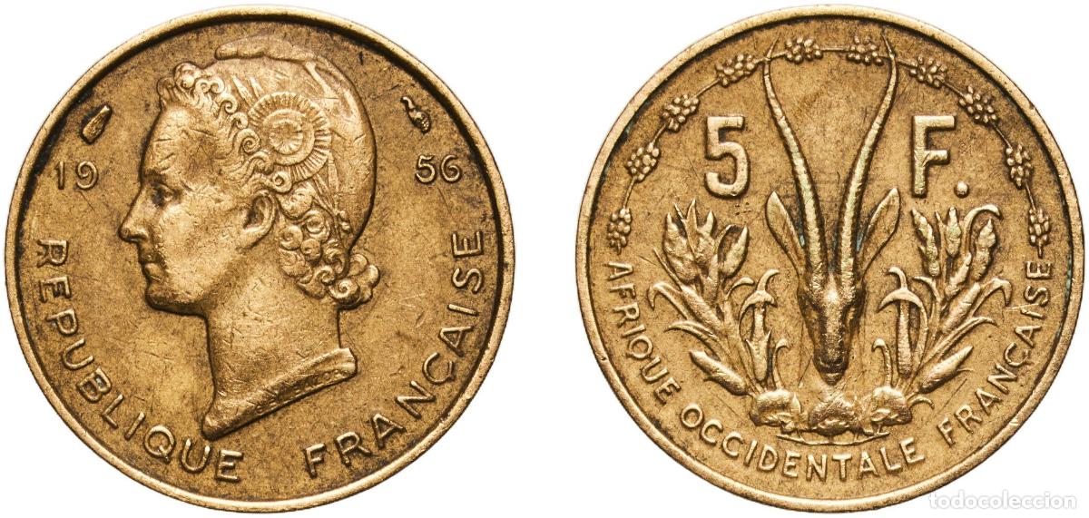 Monedas antiguas de Europa: French West Africa French colonies Federation 1956 5 Francs Aluminium bronze (91% Copper, 9% Alumin