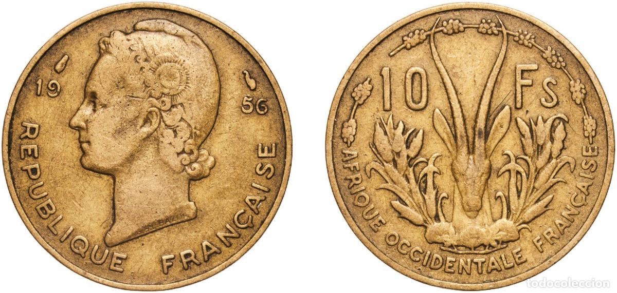 Monedas antiguas de Europa: French West Africa French colonies Federation 1956 10 Francs Aluminium bronze (91% Copper, 9% Alumi