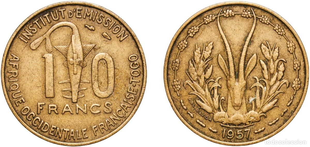 Monedas antiguas de Europa: French West Africa French colonies Federation 1957 10 Francs Togo Aluminium bronze (91% Copper, 9%