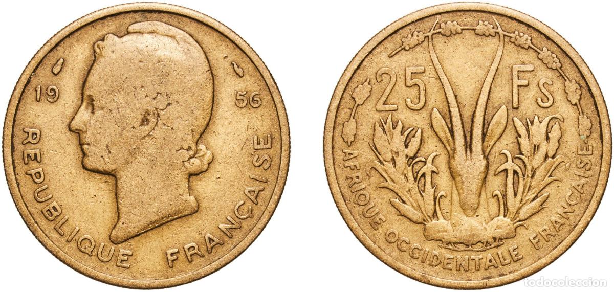 Monedas antiguas de Europa: French West Africa French colonies Federation 1956 25 Francs Aluminium bronze (91% Copper, 9% Alumi