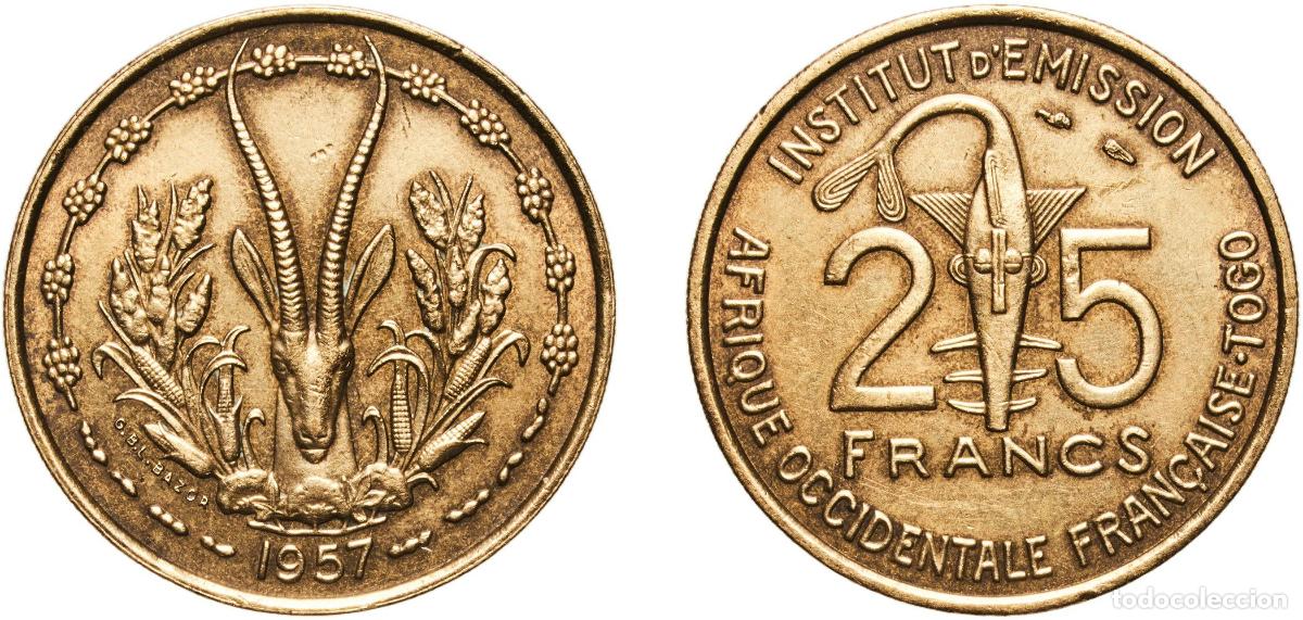 Monedas antiguas de Europa: French West Africa French colonies Federation 1957 25 Francs Togo Aluminium bronze (91% Copper, 9%