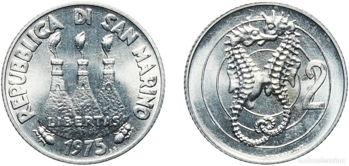 Monedas antiguas de Europa: San Marino Republic 1975 2 Lire (Seahorse) Aluminium Rome Mint (291000) 0.81g UNC KM 41