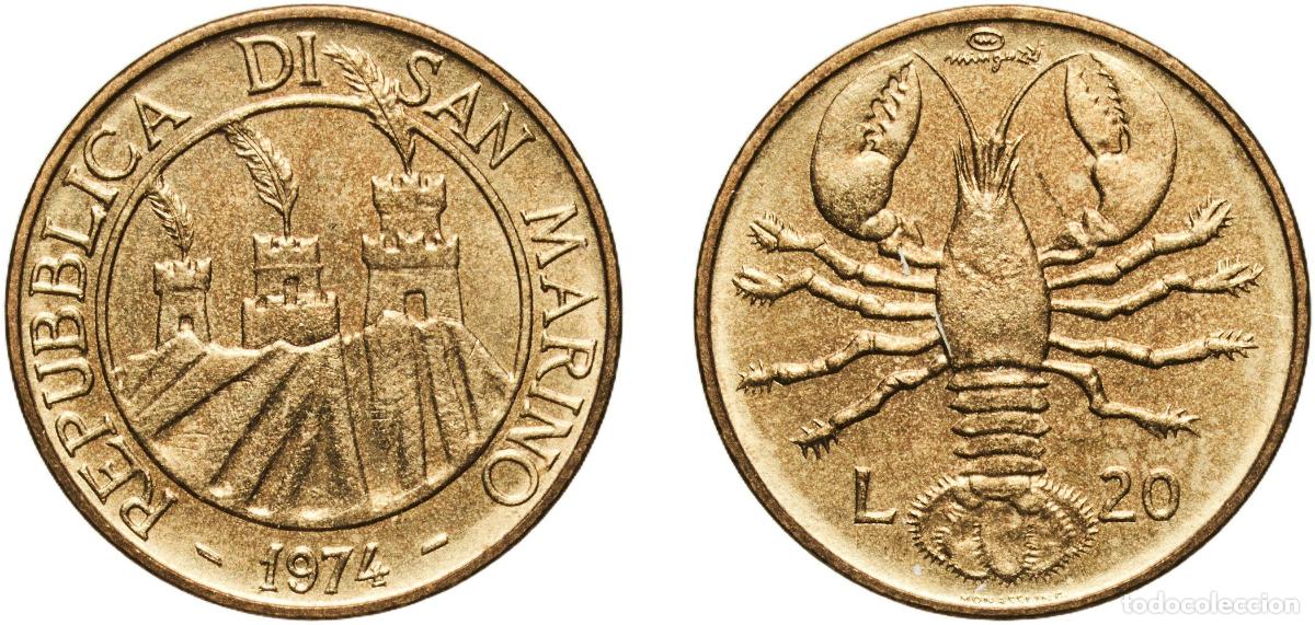 Monedas antiguas de Europa: San Marino Republic 1974 20 Lire (Lobster) Aluminium bronze Rome Mint (276000) 3.6g UNC KM 34