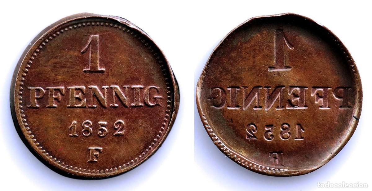 Monedas antiguas de Europa: SC-Alemania &rdquo;ERROR DOS ANVERSOS&rdquo; Federico Augusto III. 1 Pfennig 1852 F. Dresde