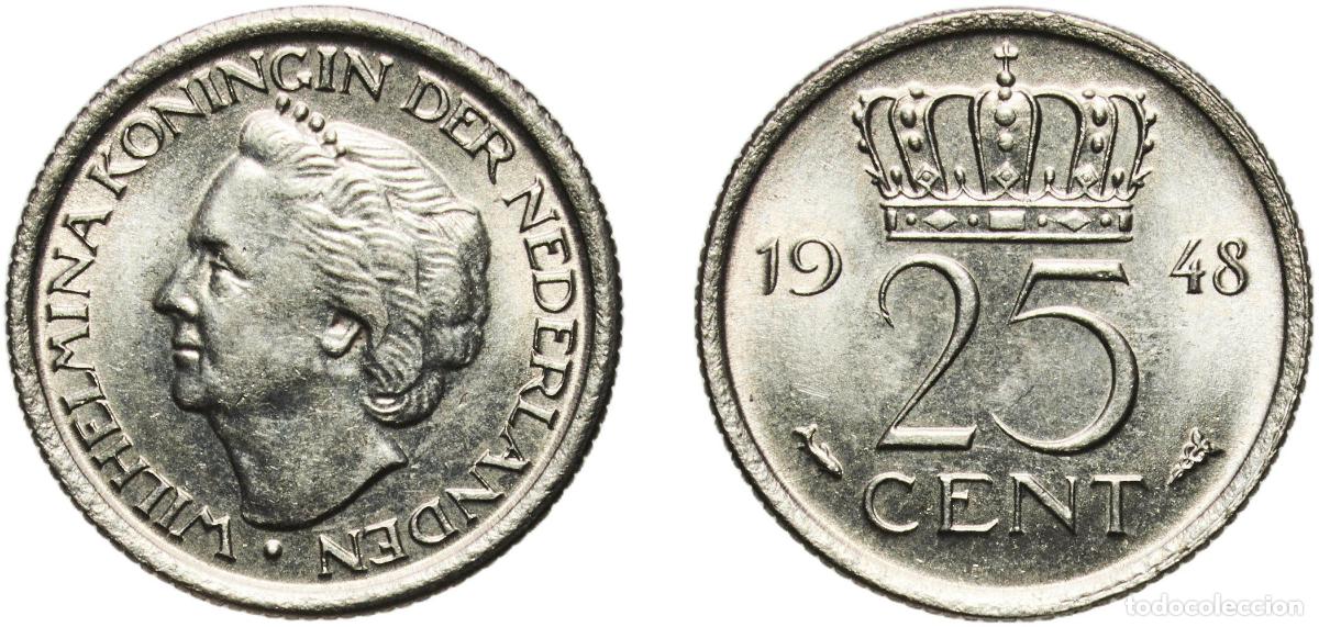 Monedas antiguas de Europa: Netherlands Kingdom 1948 25 Cents - Wilhelmina Nickel Utrecht Mint (32000000) 2.97g UNC KM 178 Sch
