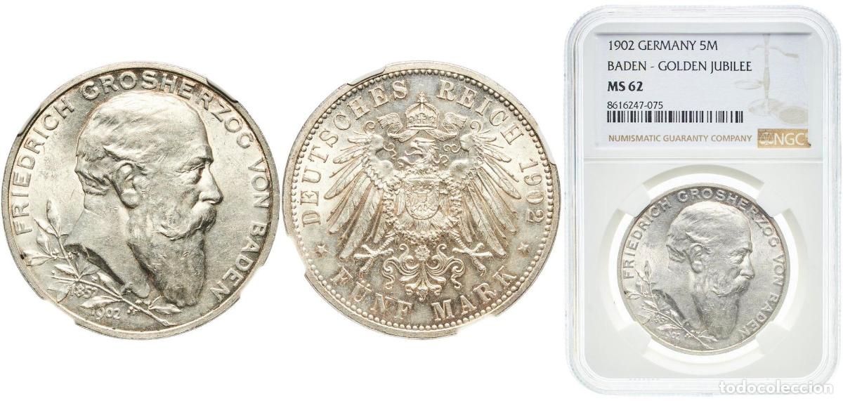 Monedas antiguas de Europa: Germany Grand Duchy of Baden 1902 5 Mark - Frederick I (Reign) Silver (.900) Staatliche M&uuml;nze Baden