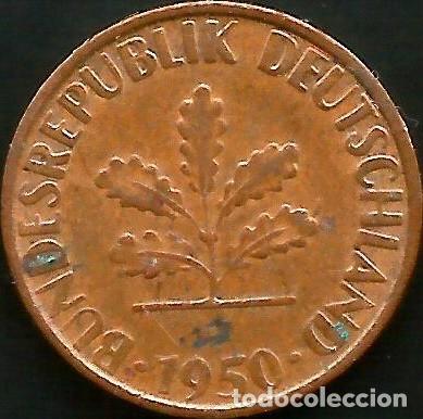 Monedas antiguas de Europa: ALEMANIA 1950 G - 1 PFENNIG - KM 105 - CIRCULADA
