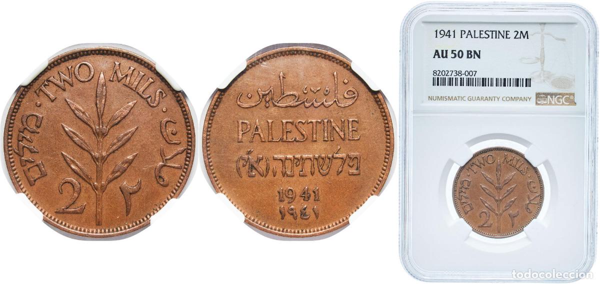 Monedas antiguas de Europa: British Palestine British Mandate 1941 2 Mils Bronze (95.5% Copper, 3% Tin, 1.5% Zinc) Royal Mint (