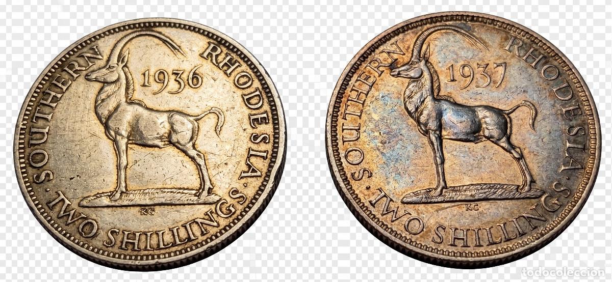 Monedas antiguas de Europa: Rodesia del Sur: 2 Shillings 1936 (Jorge V) y 1937 (Jorge VI) - Transici&oacute;n y escasa tirada.