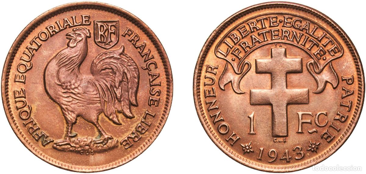 Monedas antiguas de Europa: Central African States French Equatorial Africa 1943 SA 1 Franc Bronze Pretoria Mint (6000000) 5.48