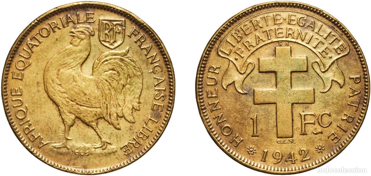 Monedas antiguas de Europa: Central African States French Equatorial Africa 1942 SA 1 Franc Brass Pretoria Mint (3000000) 5.52g