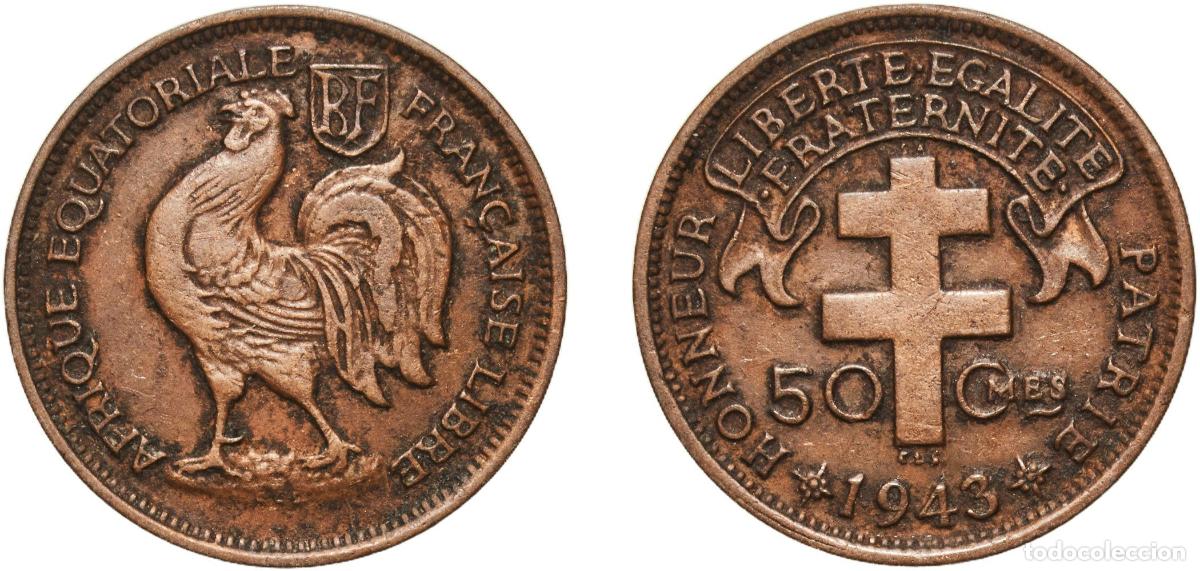 Monedas antiguas de Europa: Central African States French Equatorial Africa 1943 SA 50 Centimes Bronze Pretoria Mint (16000000)