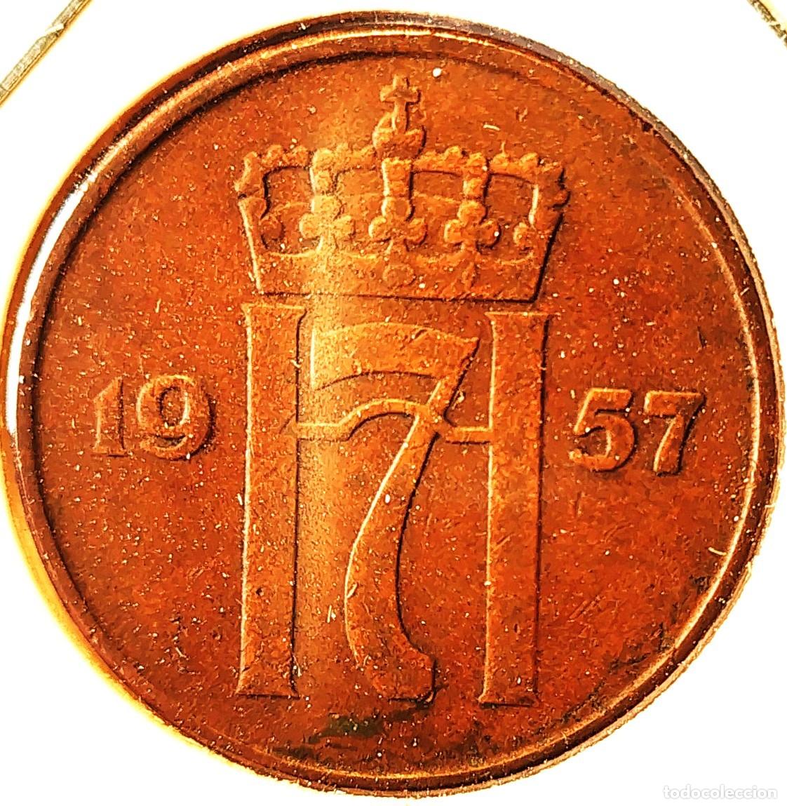 Monedas antiguas de Europa: NORUEGA (1906-1957) - 5 ORE 1957 - REY HAAKON VII - A - 8 GR. BRONCE - DIAMETRO 27 mm - KM#400 - MB