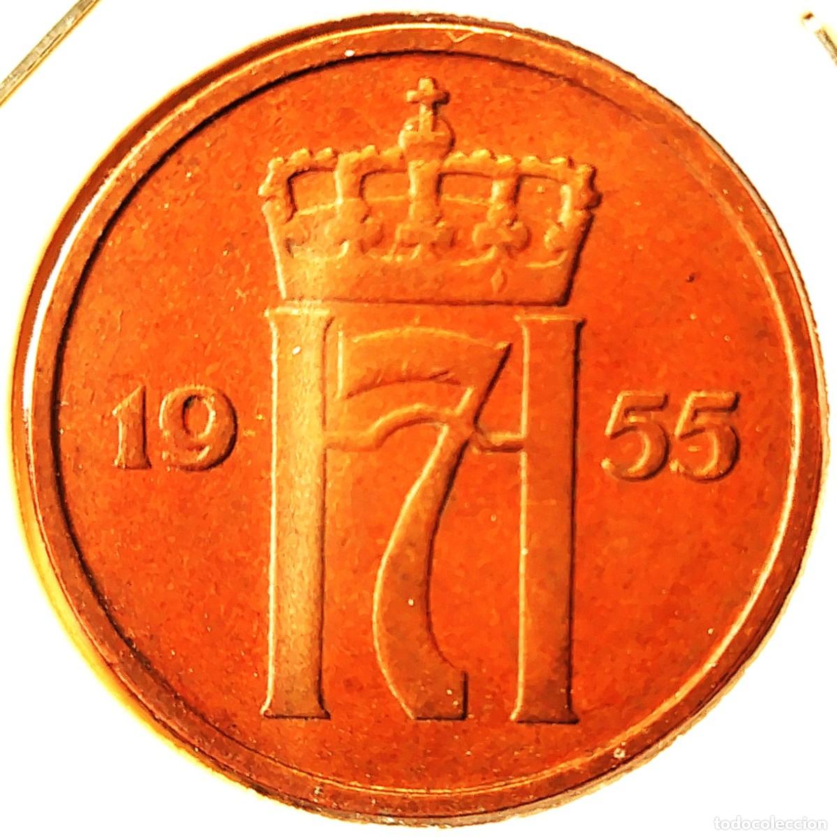 Monedas antiguas de Europa: NORUEGA (1906-1957) - 5 ORE 1955 - REY HAAKON VII - A - 8 GR. BRONCE - DIAMETRO 27 mm - KM#400 - MB