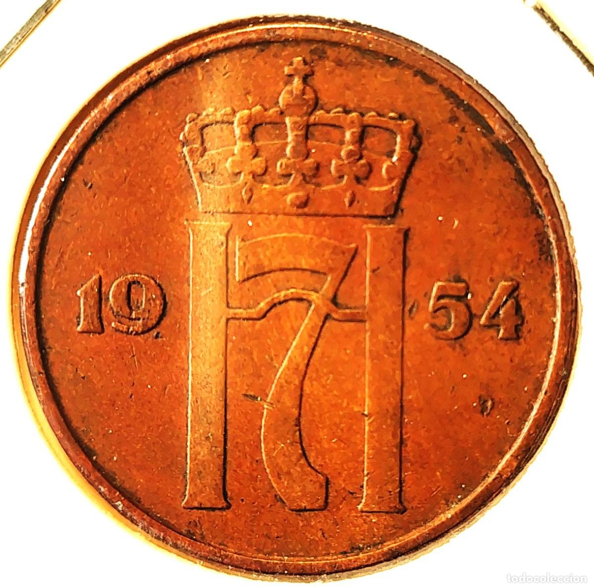 Monedas antiguas de Europa: NORUEGA (1906-1957) - 5 ORE 1954 - REY HAAKON VII - A - 8 GR. BRONCE - DIAMETRO 27 mm - KM#400 - MB