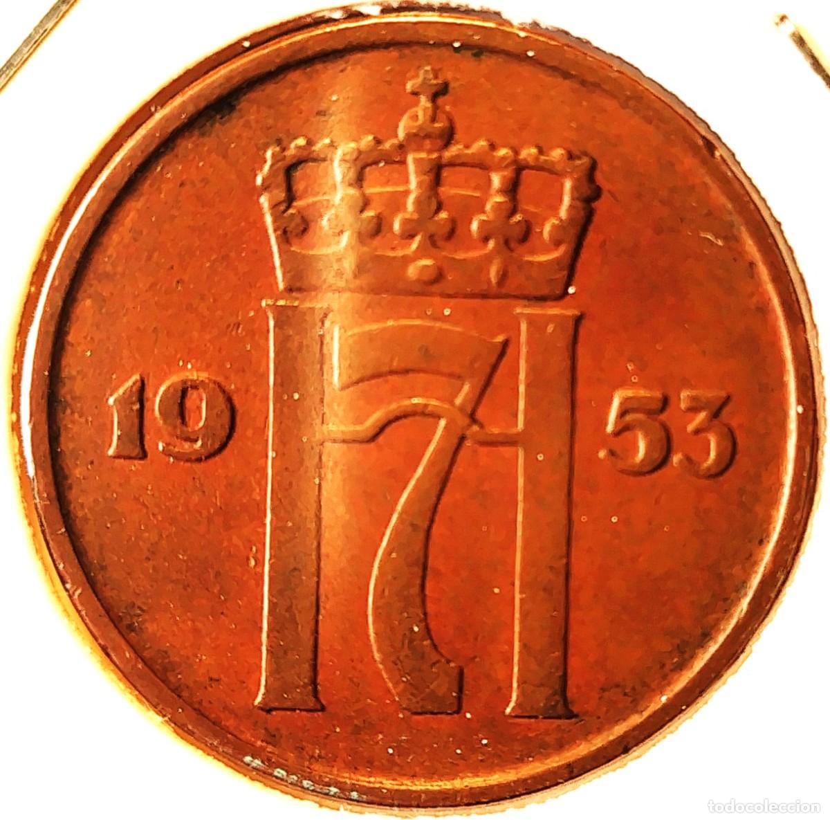 Monedas antiguas de Europa: NORUEGA (1906-1957) - 5 ORE 1953 - REY HAAKON VII - A - 8 GR. BRONCE - DIAMETRO 27 mm - KM#400 - MB