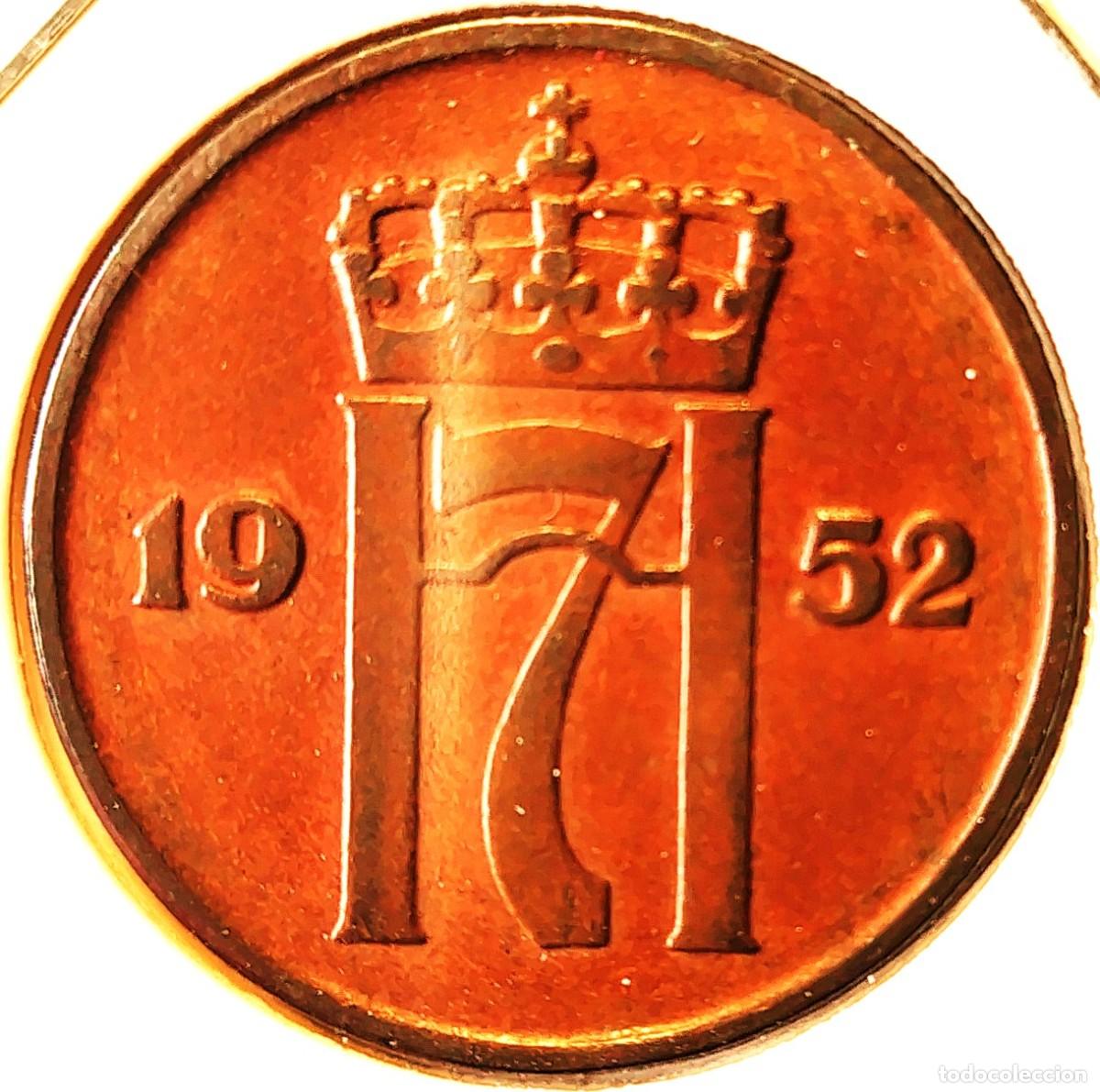 Monedas antiguas de Europa: NORUEGA (1906-1957) - 5 ORE 1952 - REY HAAKON VII - A - 8 GR. BRONCE - DIAMETRO 27 mm - KM#400 - MB