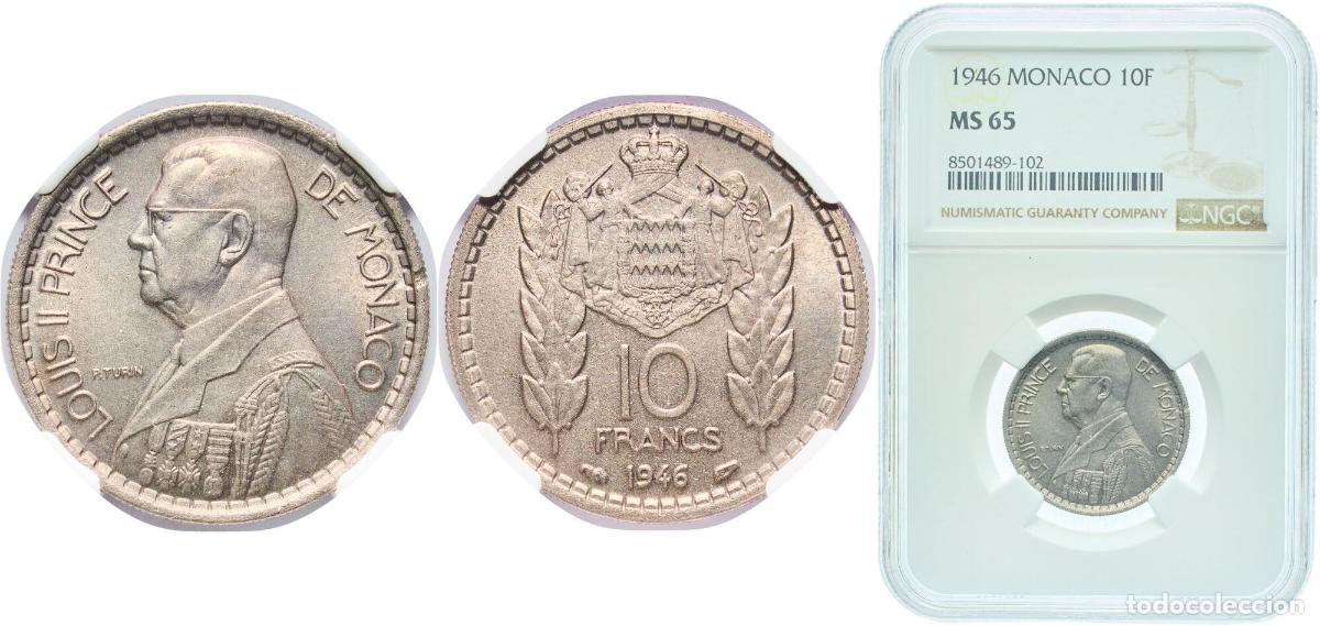 Monedas antiguas de Europa: Monaco Principalty 1946 10 Francs - Louis II Copper-nickel Paris Mint (1000000) 7g NGC MS 65 KM 12