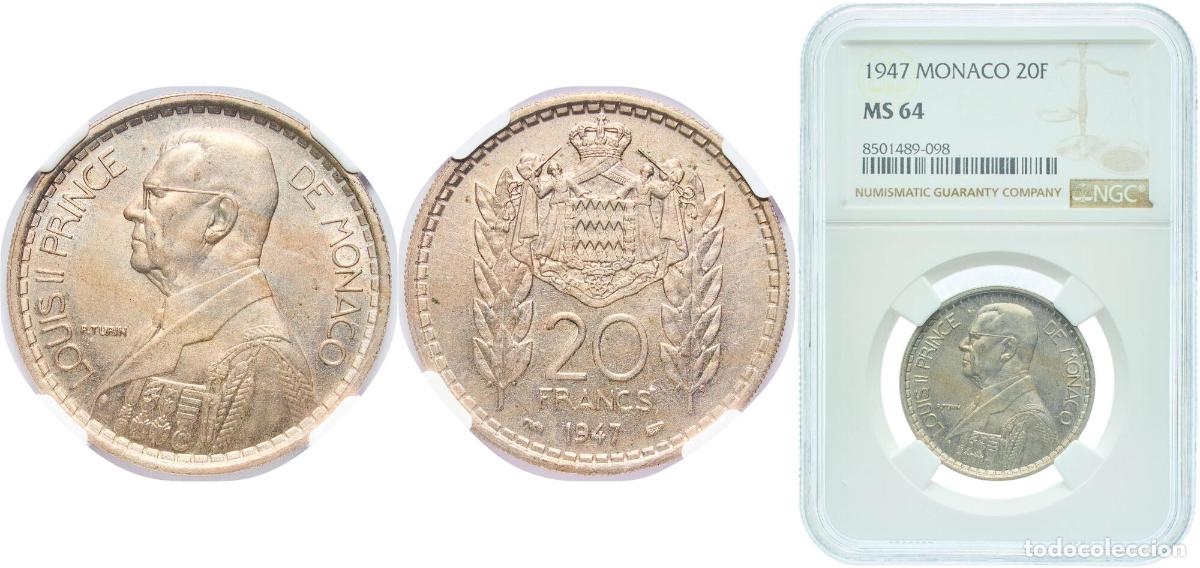 Monedas antiguas de Europa: Monaco Principalty 1947 20 Francs - Louis II Copper-nickel Paris Mint (1000000) 10g NGC MS 64 KM 1